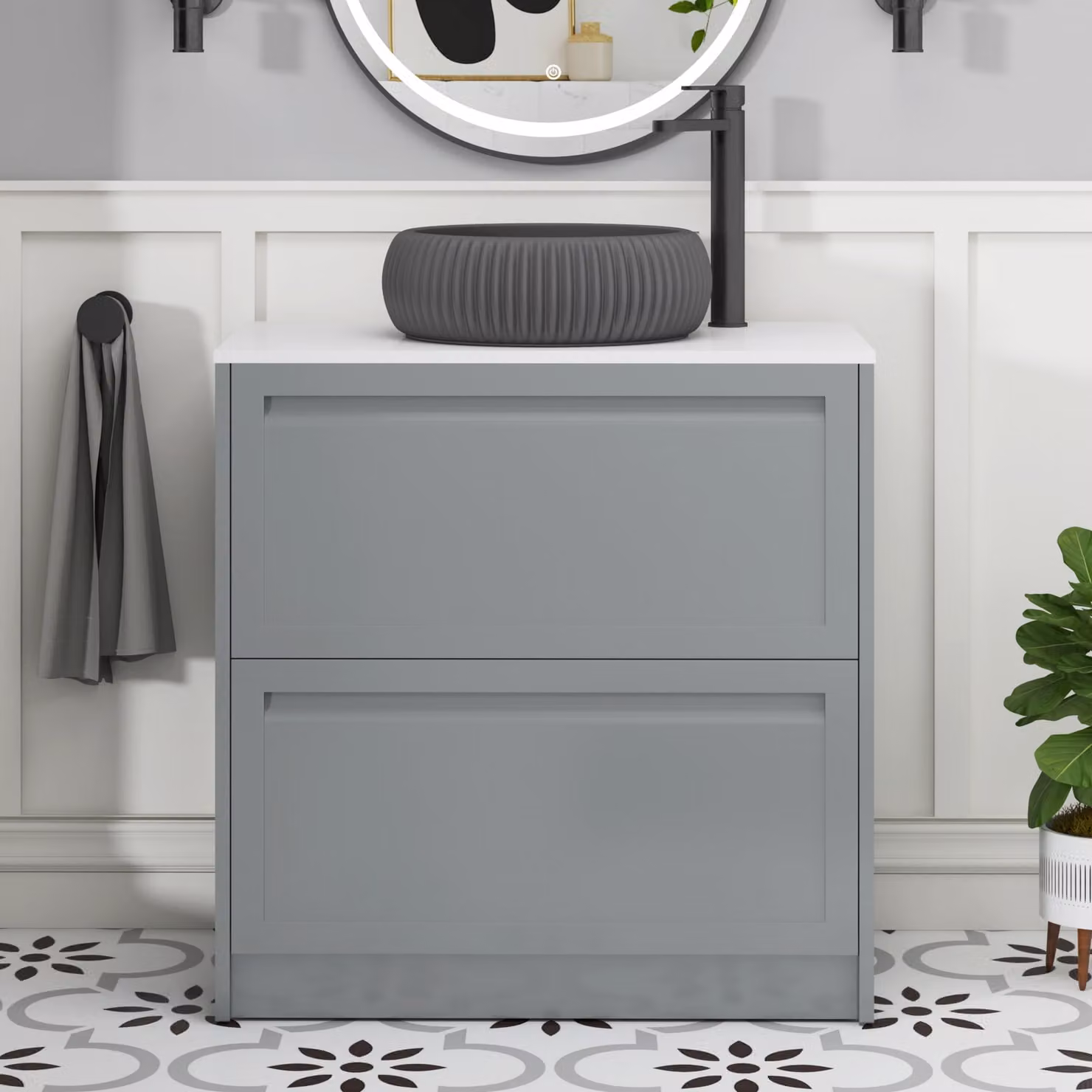 Royal Bathrooms Elmore Matt Pebble Grey 2 Drawer Floor Standing Vanity Unit with Plain White Worktop