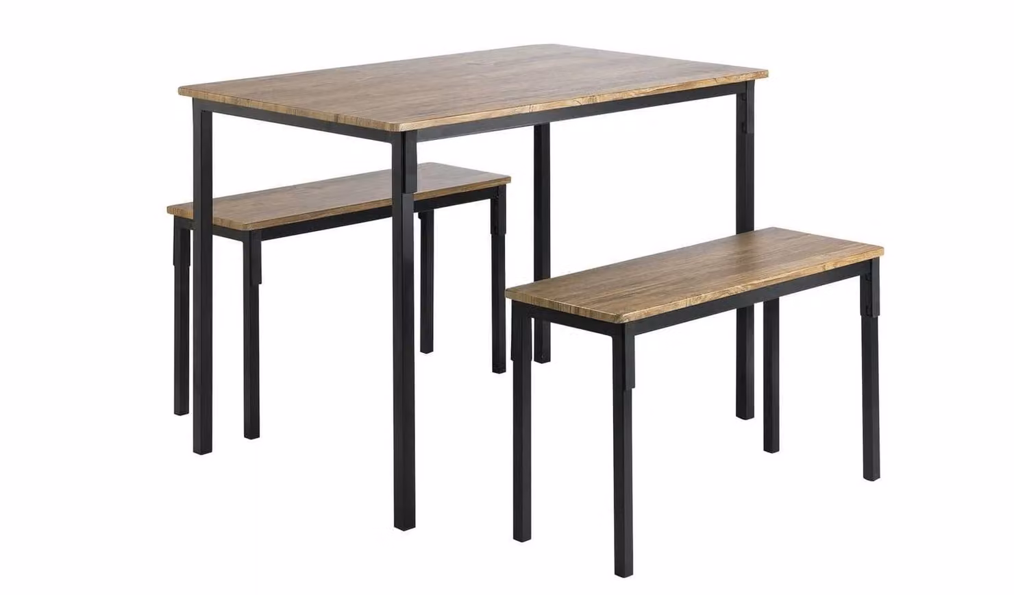 Bolitzo Oak Dining Table and 2 Black Benches Set in Brown and Black Industrial Style