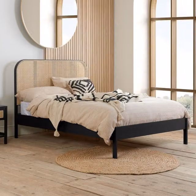 Birlea Margot Rattan and Solid Wood Bed Frame in Black, Double (140 x 200 cm) – 1