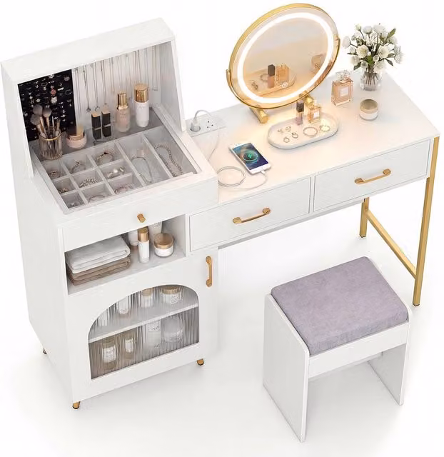 Costway Modern White Vanity Desk Set with Hollywood LED Mirror, Glass Top and Stool