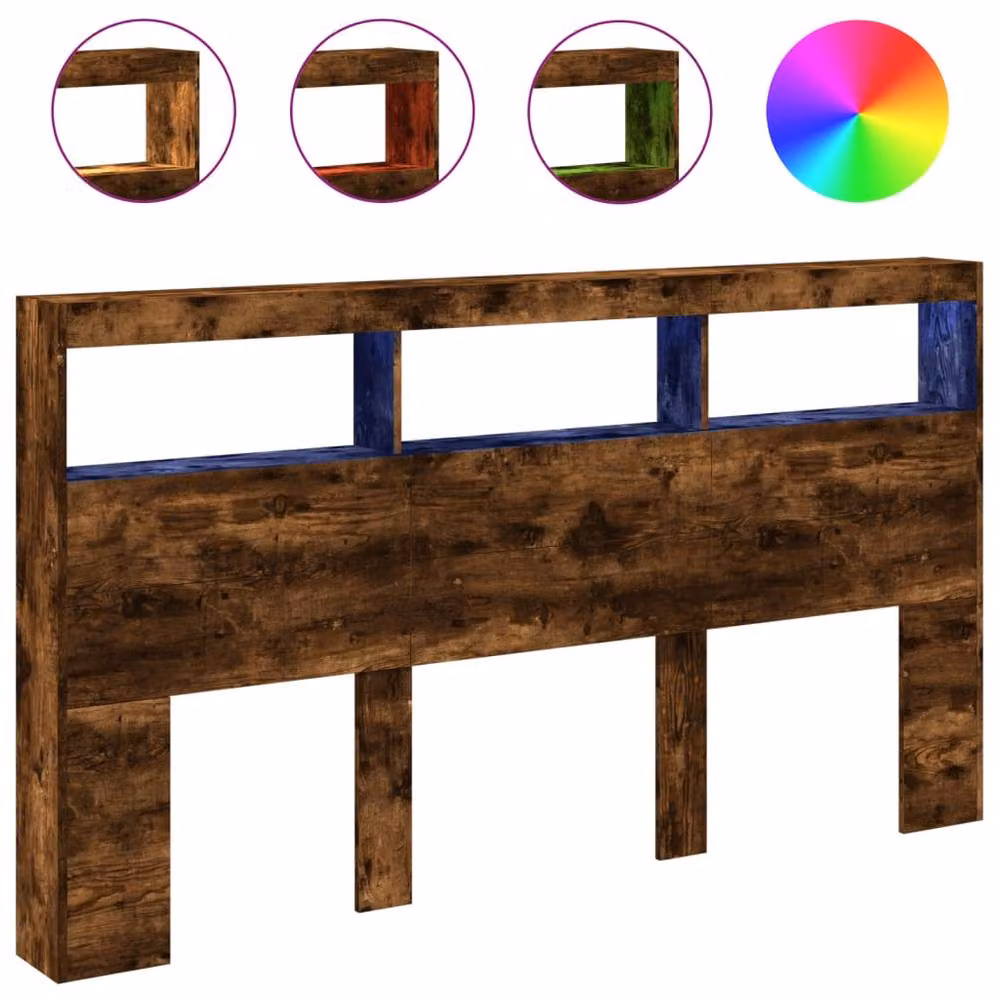 Berkfield Home Headboard Cabinet with LED in Smoked Oak Brown, W/D/H: 180 x 17 x 102 cm – 3