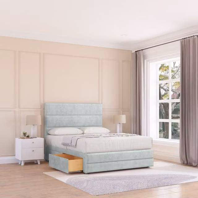Sloomy Monaco Double Upholstered Bed Base with 2 Drawers, 12 inch Footboard and 54 inch Floor Standing Headboard in Silver, W/D/H: 140 x 200 cm