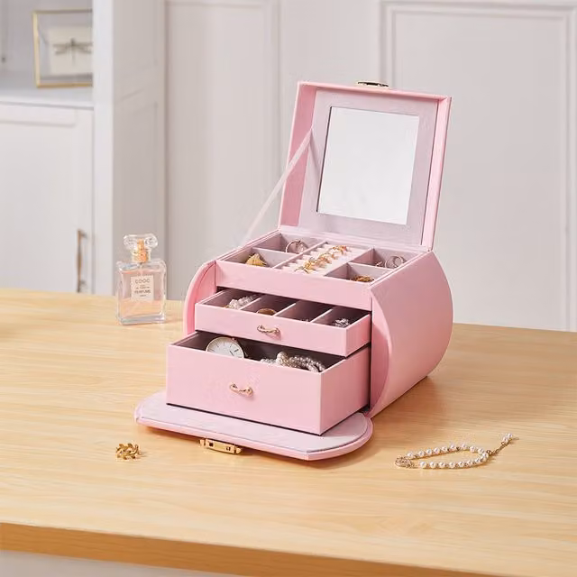 Komore Pink and White Fabric Jewellery Box with Handles