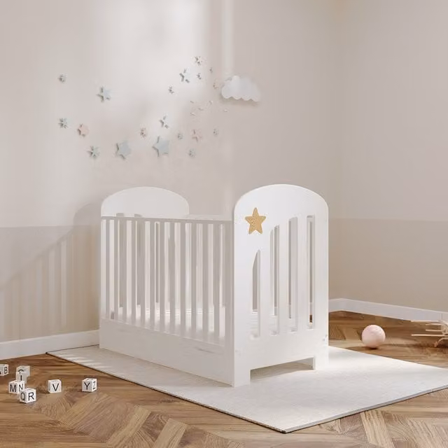Viculii Minimalist White Wooden Baby Cot with Drop Side and Drawers