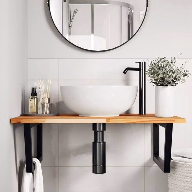 Berkfield Home Elegant Wall Mounted Basin Shelf in Brown Acacia Wood and Steel – 1