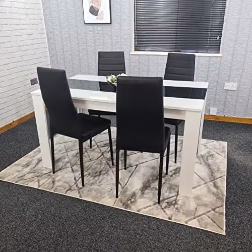 KOSY KOALA Modern Dining Table and 4 Chairs Set with Black Glass Top and Black Faux Leather Chairs, White, W: 117 cm, D: 77 cm, H: 75 cm – 1