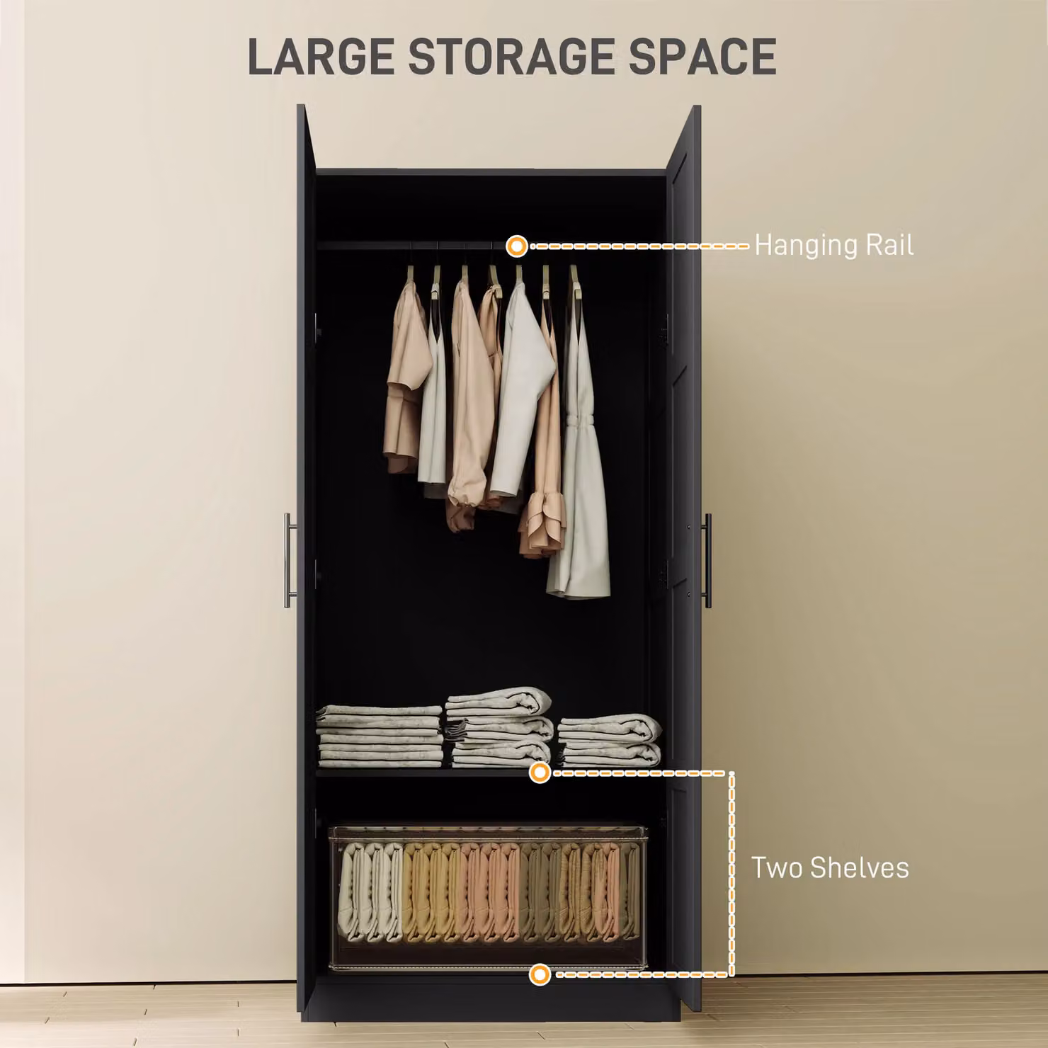 HOMCOM Modern Black Double Wardrobe with Soft-Close Hinged Doors, Hanging Rail and Internal Shelves, H 180 x W 80 cm – 3