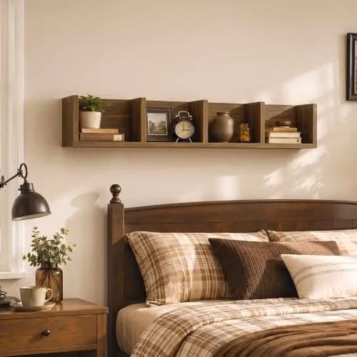 HOMCOM Wall-Mounted Wooden Media Storage Display Shelf in Brown – 6