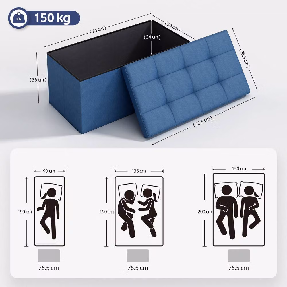 MCC Direct Blue Upholstered Rectangular Foldable Storage Ottoman Bench, W: 76 cm, D: 36 cm, H: 36 cm – 5