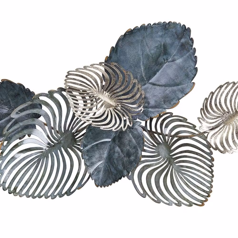 Wyld and Coco Gold and Blue Floral Metal Wall Sculpture with Leaf Design, W: 88 cm, H: 55 cm – 2