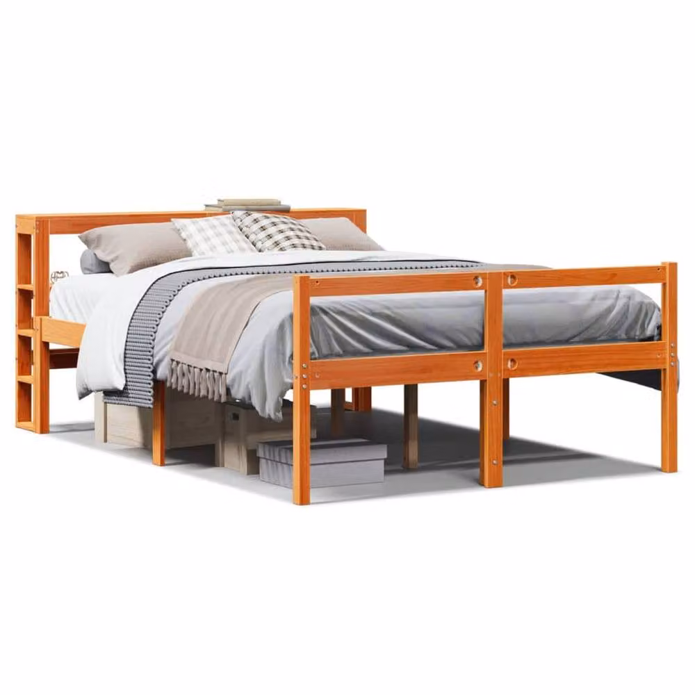 Berkfield Home Small Double Bed Frame with Headboard in Wax Brown Pine Wood, W/D/H: 120 x 200 cm – 2