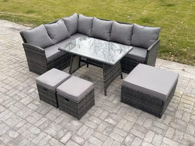 Fimous 9 Seater Dark Grey Wicker Rattan Garden Furniture Set with Oblong Dining Table