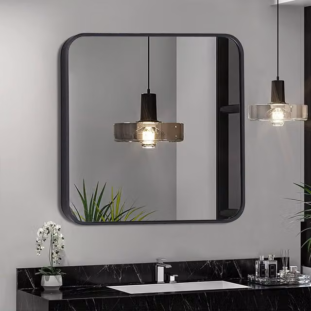 Livingandhome Square Minimalist Wall Mirror with Rounded Corners in Black, 70 cm