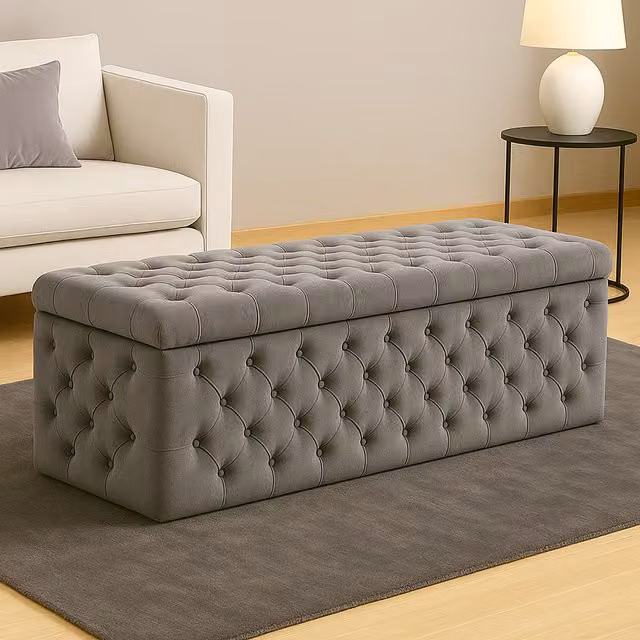 R&M Furnishers Grey Plush Velvet Chesterfield Ottoman Storage Box