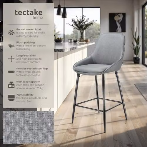 tectake Set of 2 Siera Bar Stools with Woven Fabric and Velvet Padding in Grey and Black – 4