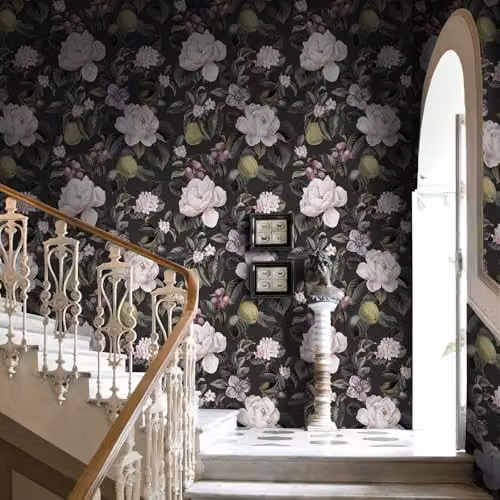 Holden Decor Pyrus Fruits Pears Plums and Blossoms Themed Botanical Wallpaper in Charcoal Grey – 2