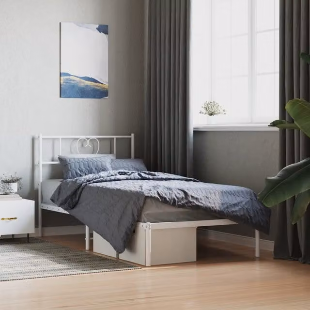 Berkfield Home Metal Bed Frame with Headboard in White, W/D/H: 80 x 200 cm