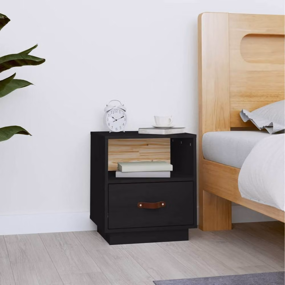Berkfield Home Black Rustic Solid Wood Pine Bedside Cabinet W: 40 cm, D: 34 cm, H: 45 cm – 2