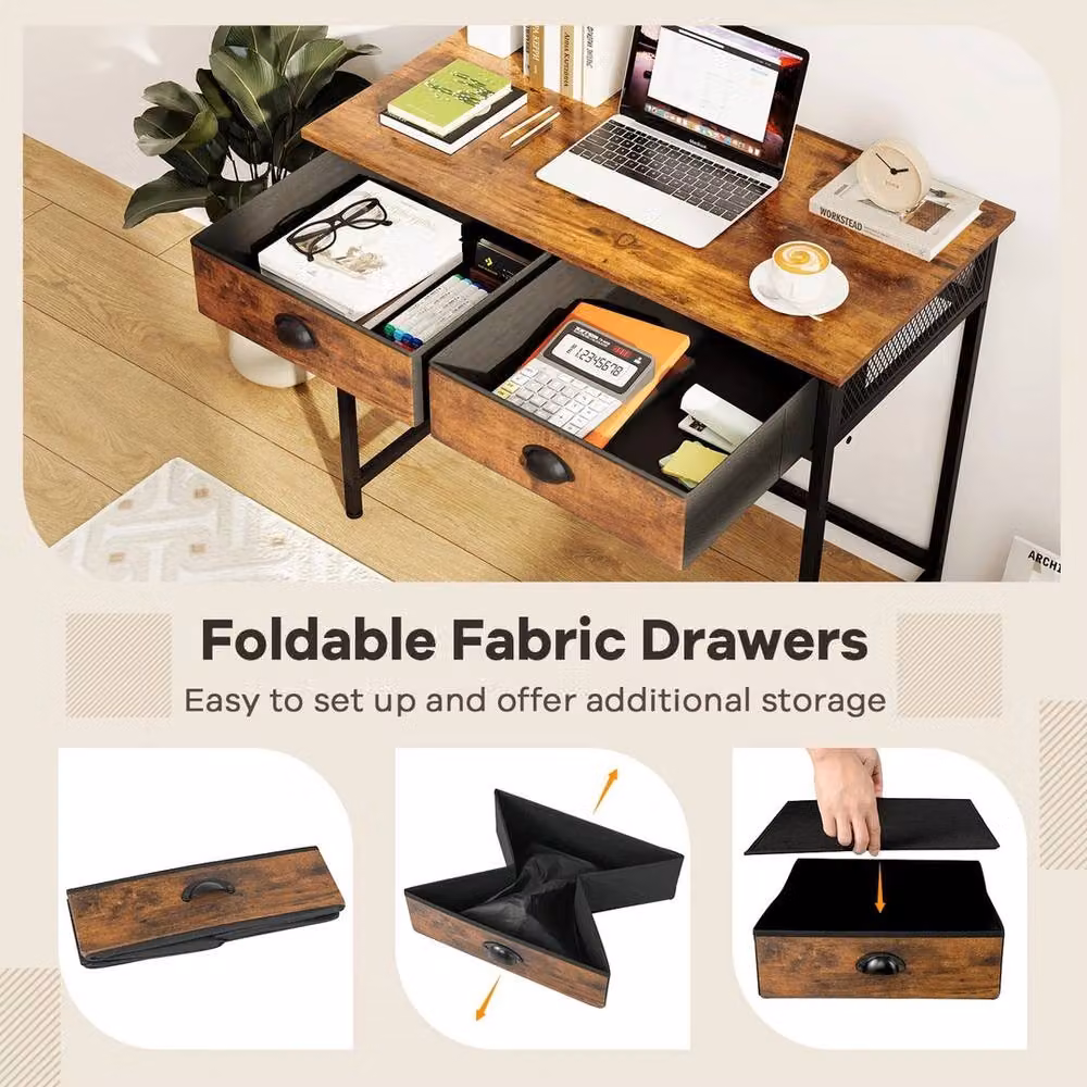 VOGREX Industrial Computer Desk in Brown with Metal Frame, W: 115 cm, D: 60 cm, H: 75 cm – 4