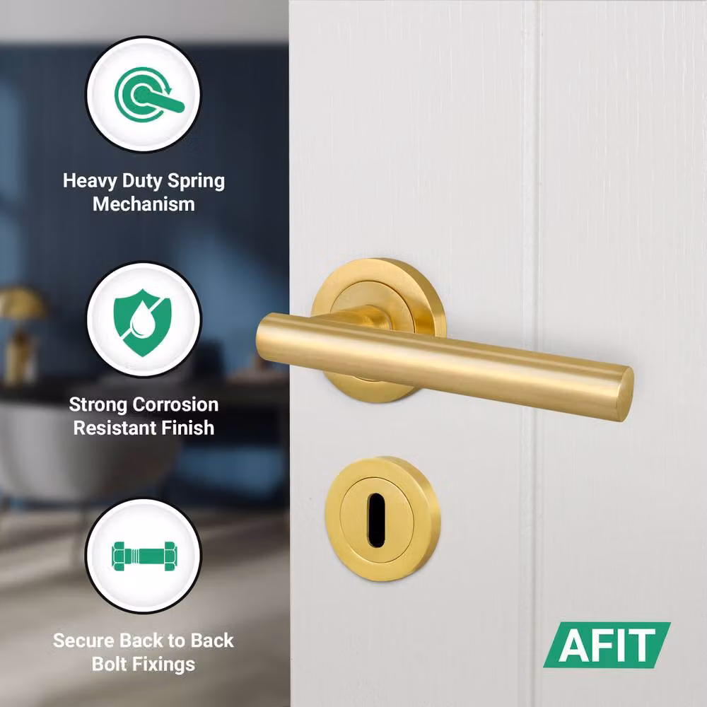 AFIT Satin Brass T-Bar Door Handle and Sashlock Escutcheon Set in Gold, 1 Pair – 2