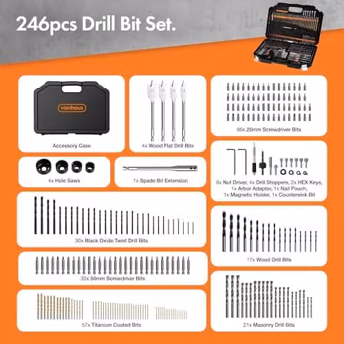 VonHaus 246pc Combination Drill Bit and Screwdriver Bit Set with HSS Titanium Twist, Masonry, Wood and Stainless Steel Bits in a Storage Case – 2