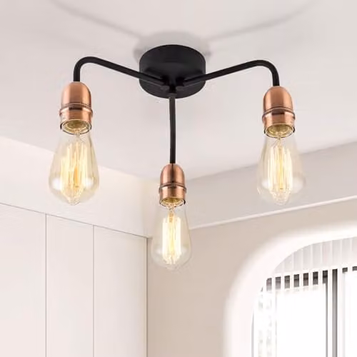 Harper Living 3-Light Vintage Semi Flush Ceiling Light in Black and Copper Finish, Dimmable E27 Metal Lamp