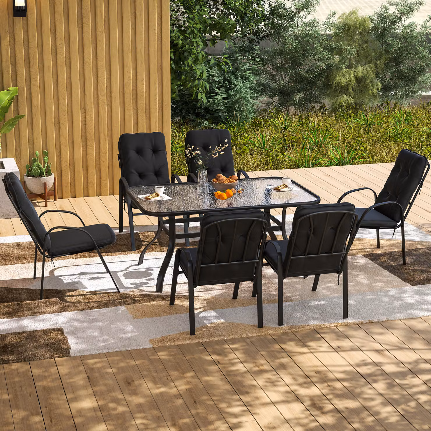 Outsunny Seven-Piece Modern Garden Dining Set with Cushions and Glass Table in Black – 2