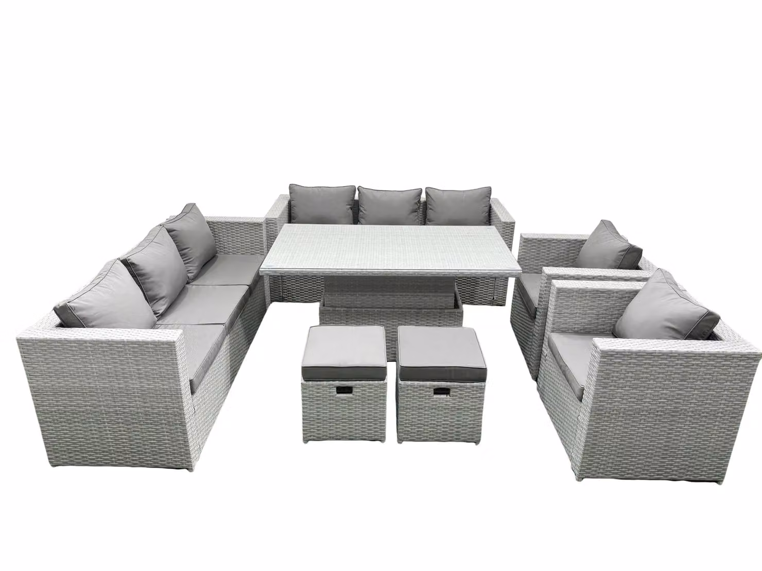 Fimous Rattan Garden Furniture Set in Grey with Adjustable Lifting Table, 3-Seater Sofa, Armchair and Ottoman – 3