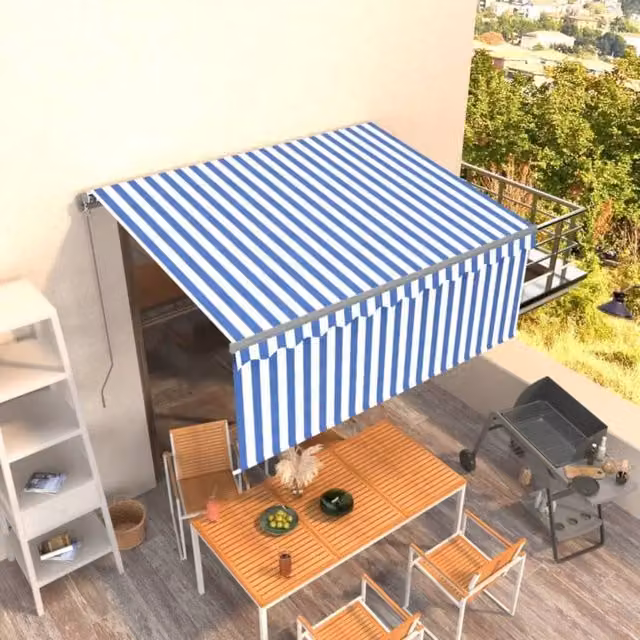 Berkfield Home Manual Retractable Awning with Blind, Blue and White Striped, W: 300 cm, D: 250 cm – 1