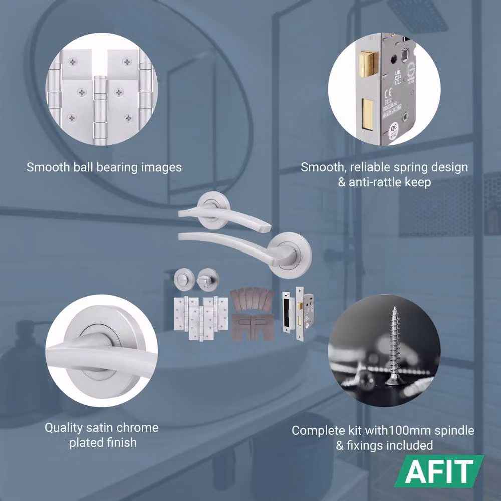 AFIT Satin Chrome Fire Door Handle Bathroom Set with Internal Lock and Hinges in Silver – 2