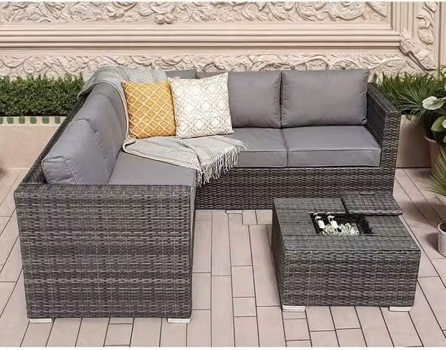 Furniture Maxi 5 Seater Grey Polyrattan L-Shape Garden Sofa Set with Ice Bucket Coffee Table and Cushions