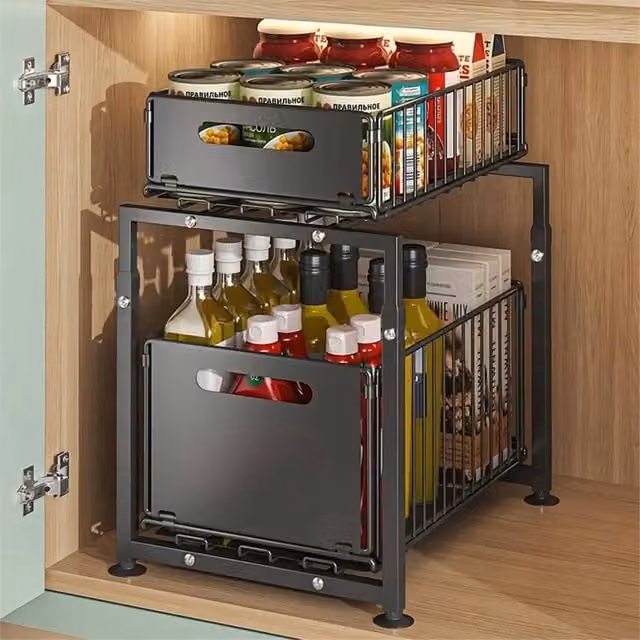 SPETLEK 2-Tier Metal Pull Out Under Sink Kitchen Cupboard Basket in Black – 1