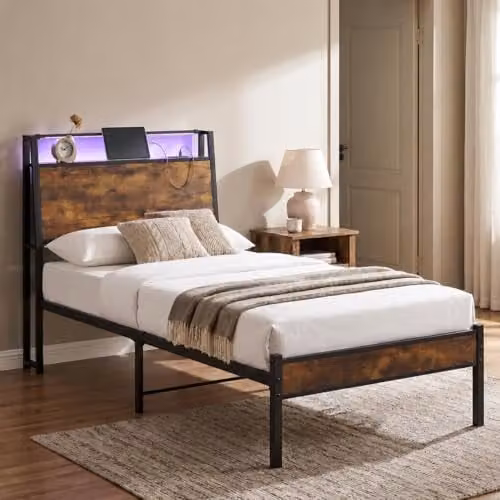 Levede 3ft Single Bed Frame in Black with LED Lights, Charging Station and Storage Headboard, W/D/H: 90 x 190 cm – 1