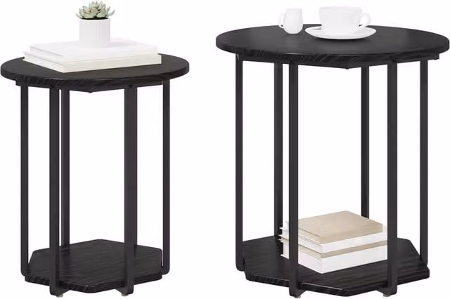 Berkfield Home Set of 2 Modern Round Side Tables in Black Oak and Metal – 1