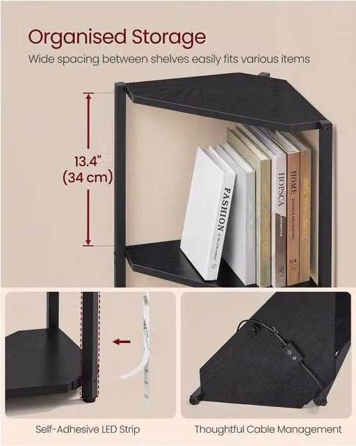 VASAGLE 5-Tier Modern Black Corner Shelf with Integrated LED Lighting and Storage