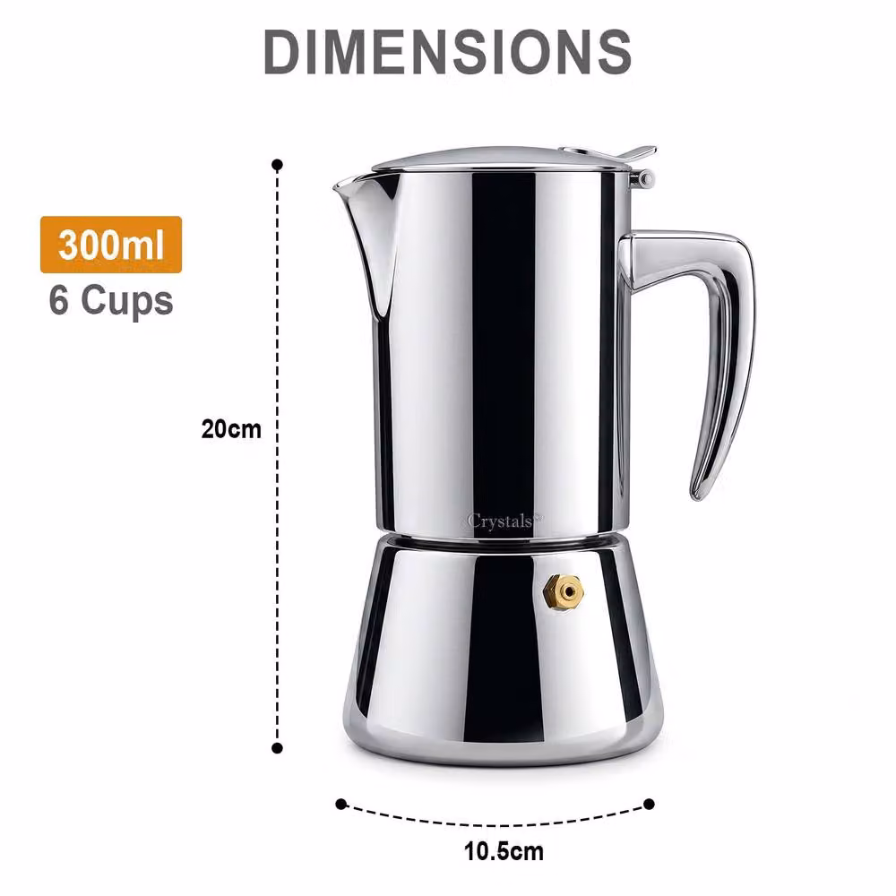 Crystals 6 Cup Stainless Steel Espresso Maker Stovetop Moka Pot in Metallic Silver – 3