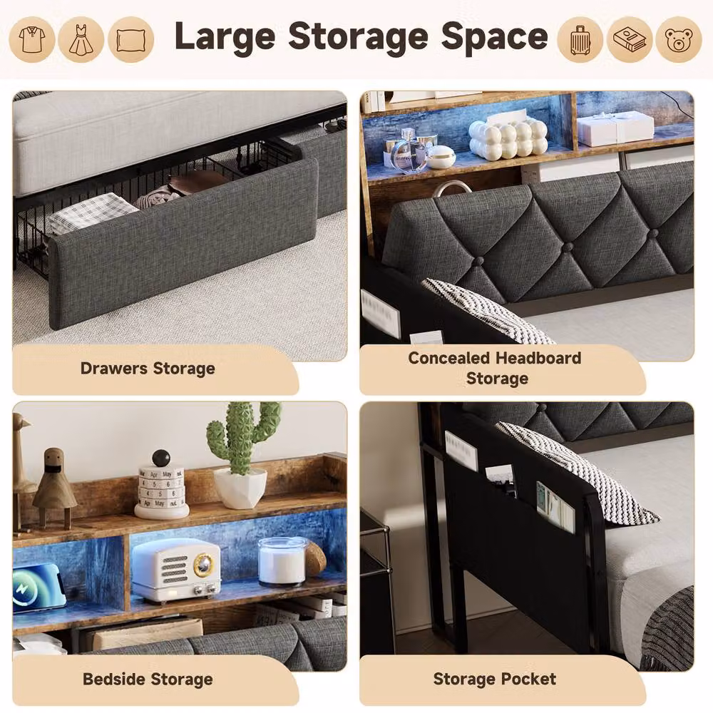 BTM Grey Upholstered Single Daybed Trundle Storage Bed Frame with LED Under-bed Lighting, USB Charging Port and Bedside Shelf, W/D/H: 190 x 90 x 110 cm – 5