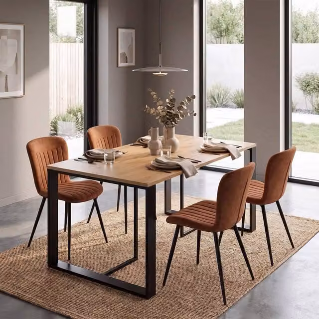 FWStyle Willow Oak Dining Table and 4 Brown Chairs Set