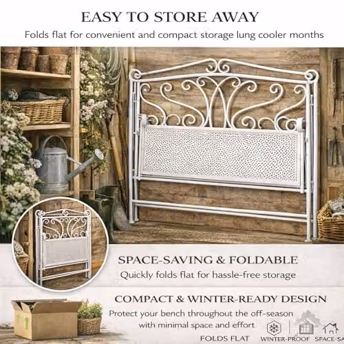 GlamHaus Andalusia 2 Seater Foldable Metal Garden Bench in White – 3