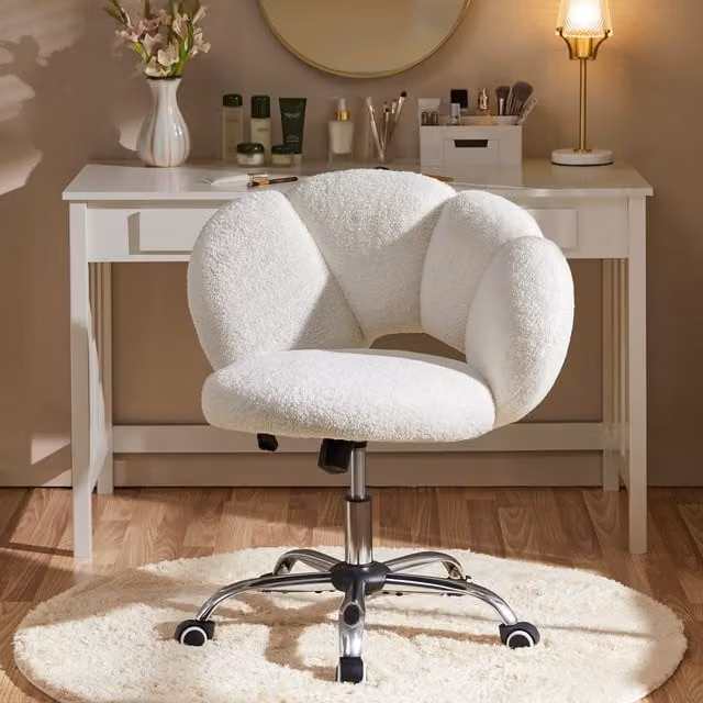 Yaheetech Modern White Bouclé Fabric Swivel Task Chair for Home Office and Bedroom