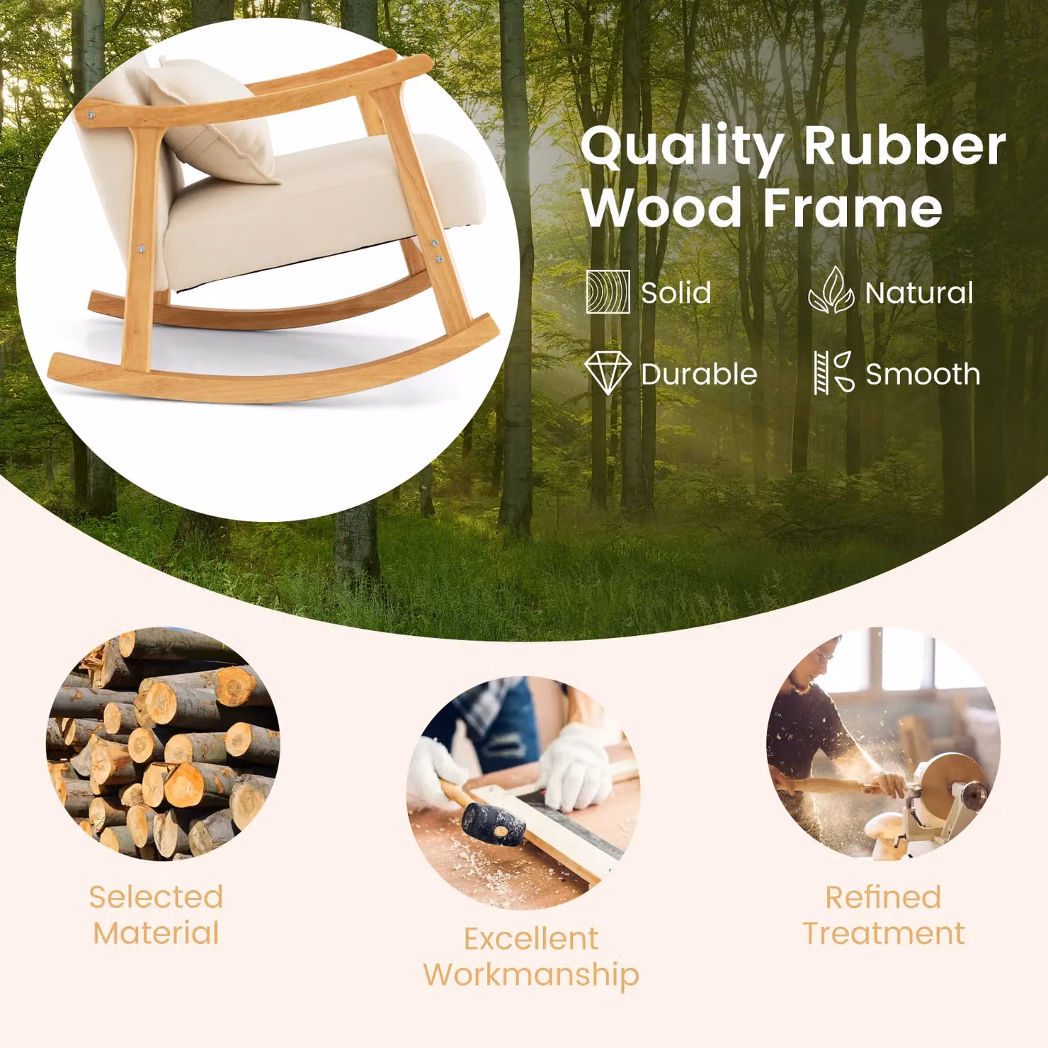 Gymax Beige Upholstered Rocking Lounge Chair with Pillow and Solid Rubberwood Frame – 2