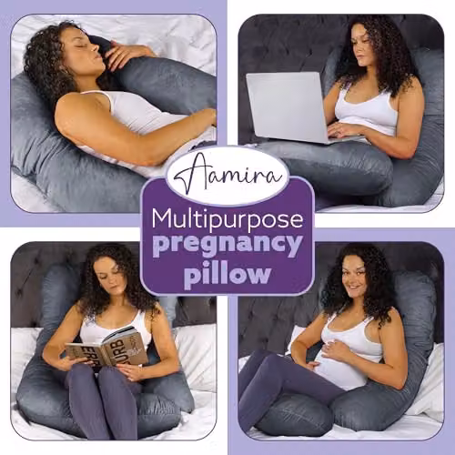 Aamira J Shaped Memory Foam Pregnancy Maternity Pillow with Velvet Cover, Grey, W/D/H: 140 x 70 x 20 cm – 8