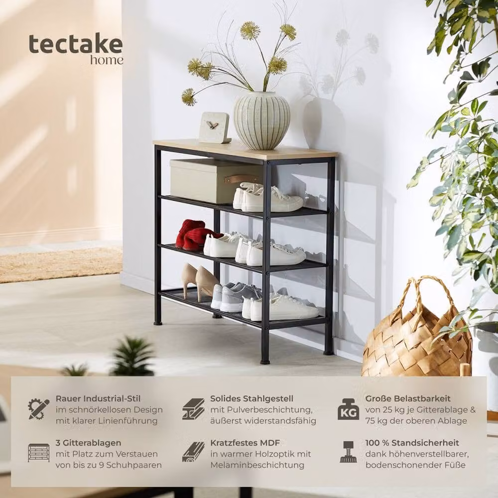 tectake Newport Industrial Style Shoe Rack with Surface Shelf and 3 Grid Shelves in Light Oak and Brown – 2
