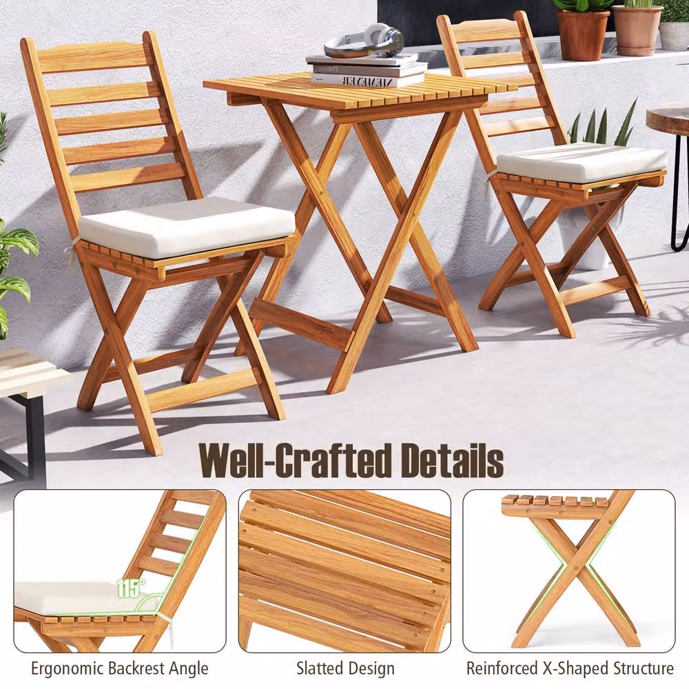 Costway Acacia Wood Folding Bistro Set with Cushions in Natural Brown – 5