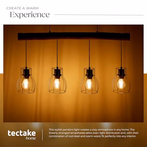 tectake Industrial Style Pendant Light with Wood Beam and 4 Black Cage Lampshades, Adjustable Height, Black and Wood – 4