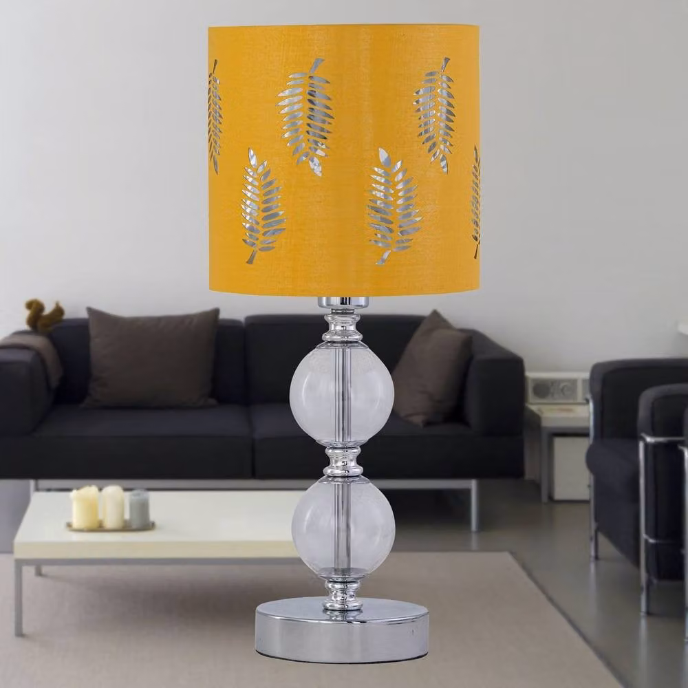 First Choice Lighting Set of 2 Chrome Two Ball Table Lamps with Yellow Fabric Fern Shades – 3