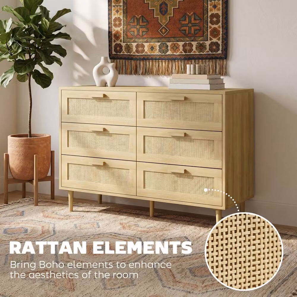 STILVORA Boho Style 6-Drawer Chest of Drawers with Rattan Detail in Brown and Beige – 3
