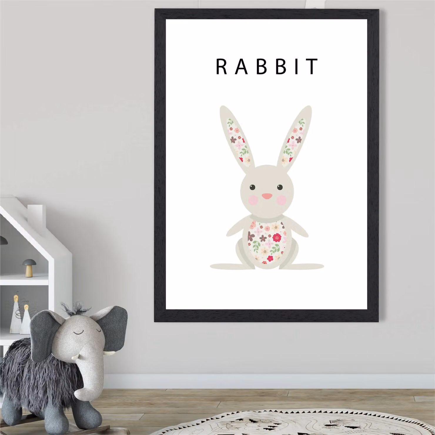 ARTZE Pink Floral Rabbit Framed Paper Poster with Black Frame – 2