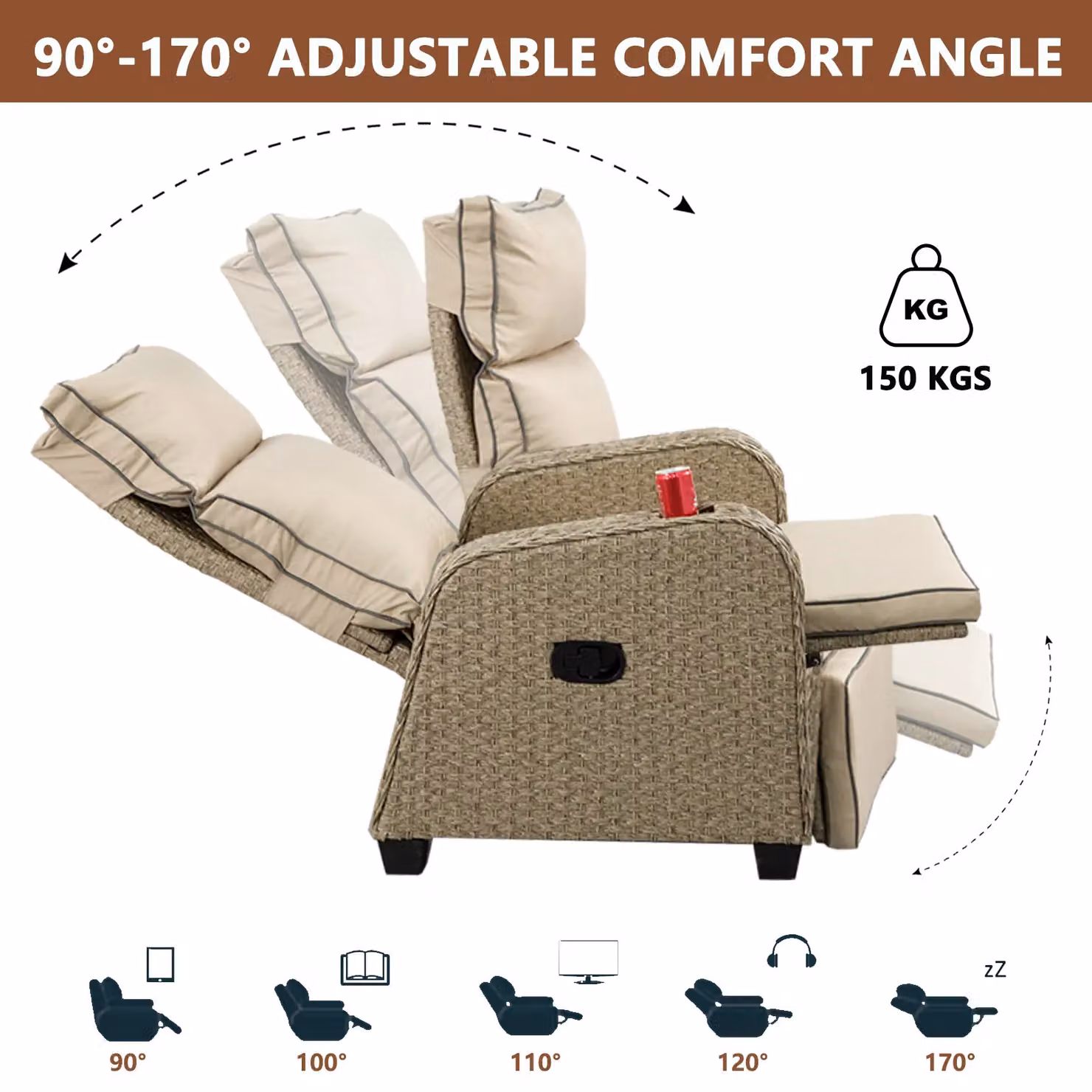 FURNITURE ONE Beige Rattan Patio Recliner with Padded Lounger and 170 Degree Adjustable Backrest – 4