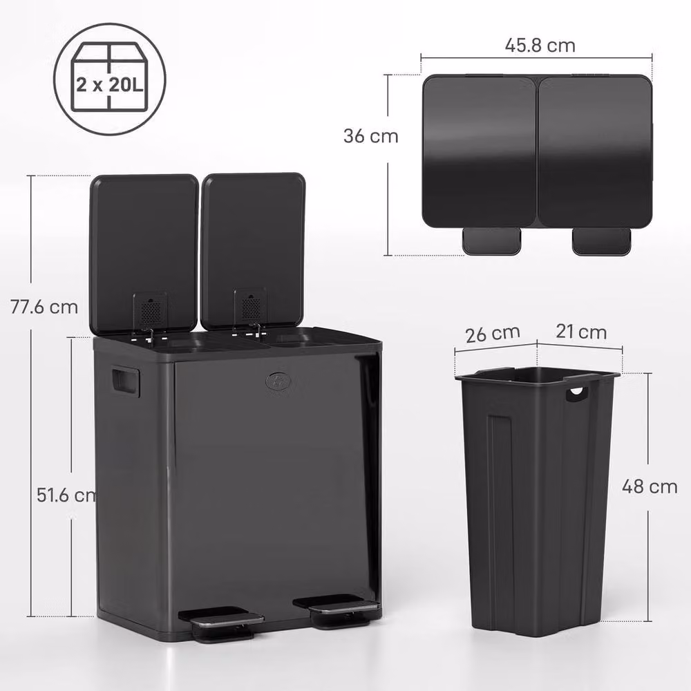HOMCOM Black Dual Kitchen Bin with 2 x 20L Capacity and Pedal Operation, Fingerprint-Proof Stainless Steel and Plastic – 2